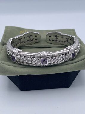Judith Ripka 925 Sterling Silver Amethyst Cuff Bracelet Thailand Heavy 48.6g